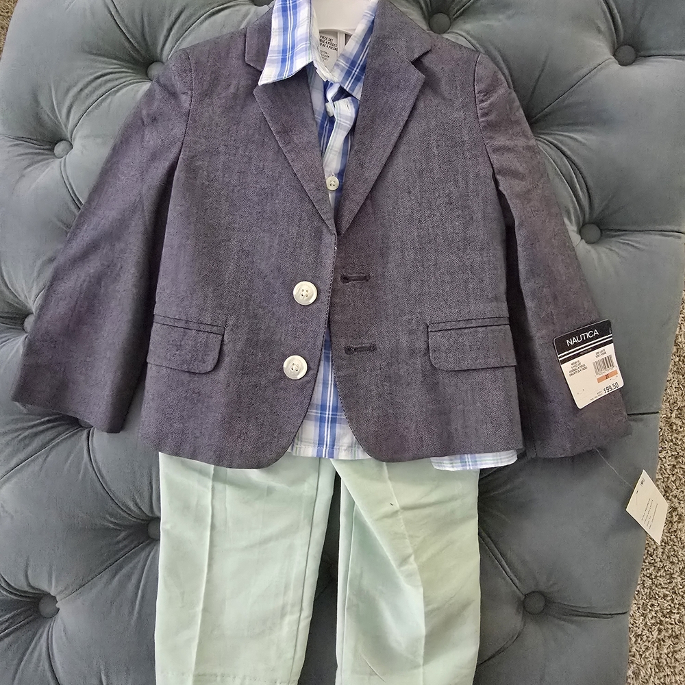 Nautica Kids Gray Blazer with Blue Plaid Shirt and Mint Pants